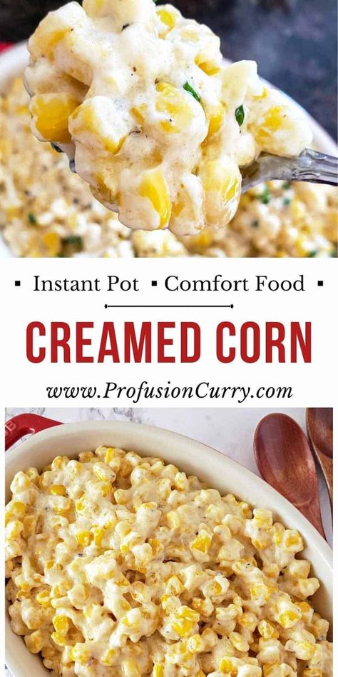 Creamed corn with cream cheese that’s perfect for fall dinners. This creamy corn is easy to make in the Instant Pot for a perfect comforting side dish recipe. Creamed Corn With Cream Cheese, Corn With Cream Cheese, Comfort Food Dinners, Homemade Cream Corn, Corn Cream, Cream Cheese Corn, Food Dinners, Creamed Peas, Creamy Corn