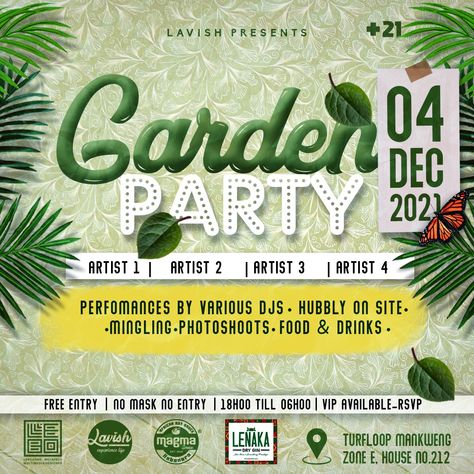 Poster design for Lavish events held at Turfloop, designed by @lebzamj Party Poster Design, Posters Design, Flyer Ideas, Design Garden, Party Poster, Party Flyer, Garden Party, Flyer Design, Garden Design