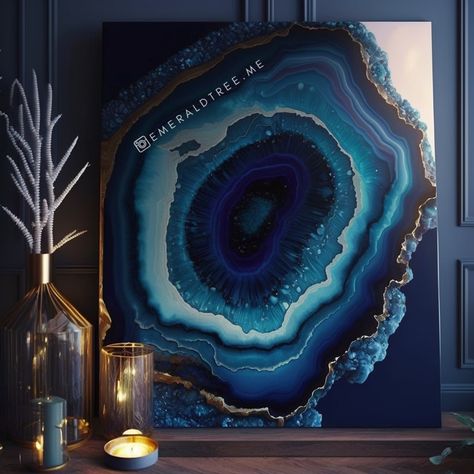 Blue Geode Resin Art, Geode Art Resin, Resins Ideas, Geode Art Print, Mom Decor, Geode Resin Art, Resin Geodes, Geode Painting, Resin Art Canvas