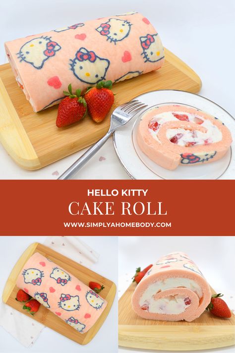 How to make Hello Kitty cake roll - A step by step recipe with a downloadable template Hello Kitty Roll Cake, Hello Kitty Cake Recipe, Cute Swiss Roll Cake, Swiss Roll Pattern Template, Jelly Roll Cake Design, Sanrio Desserts Recipe, Decorated Swiss Roll Cake, Strawberry Swiss Roll Cake, Cake Roll Pattern