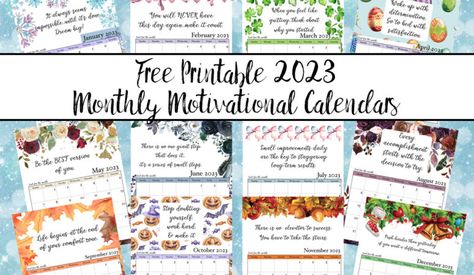 FREE Printable 2023 Monthly Motivational Calendars. Space for setting goals, different motivational quote each month, holidays marked. Monthly Calender Printables 2023, Monthly Reminders Free Printable, Calendar 2023 Monday Start, Motivational Calendar, Free Printable Blank Monthly Calendars, Free Printable 2024 Monthly Calendar With Holidays, Free Printable Calendar 23-24, Meal Planner Printable Free, Free Printable Calendar Templates