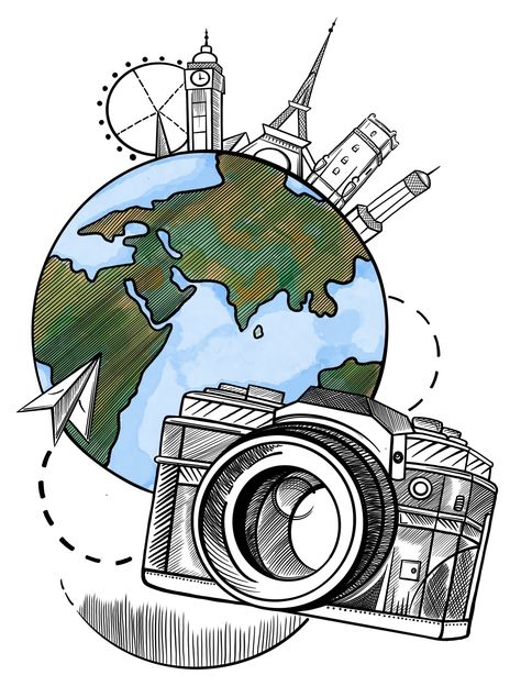 Camera Tattoo Design, Geography Project, Travel Doodles, Project Cover Page, Cute Drawlings, File Decoration Ideas, Camera Tattoo, Art Journal Therapy, Retro Background