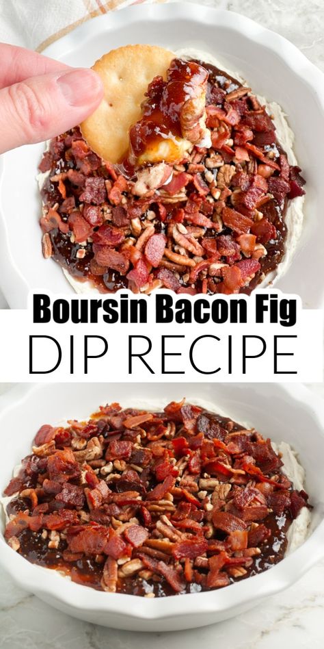 Boursin bacon fig dip recipe is full of amazing flavor. Herby Boursin cheese with sweet fig jam, savory bacon, and crunch pecans. This creamy dip is so good and perfect for the holiday season. Boursin Cheese And Fig Jam, Boursin Cheese Charcuterie, Boursin Cheese Fig Dip, Cranberry Boursin Cheese Recipes, Boursin Cheese Appetizers Dips, Boursin Dip Appetizer Recipes, Brunch Dip Recipes, Recipes With Fig Jam, Brunch Dips