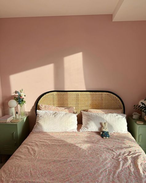 The pink bedroom era 🎀💖🌸💝🌷👛���🩰 #pinkbedroom #pinkhome #lickpaint #pinkpaint #bedroomdecor #bedroominspo #bedroomideas #bedroomstyling #miffy Midcentury Pink Bedroom, Pink Bedroom With Brown Furniture, Simple Japandi Bedroom, Clean Bedroom Inspiration, Light Pink Walls Bedroom, Warm Pink Bedroom, Purple Pink Room, Pink Small Bedroom Ideas, Pink Bedding Room Ideas