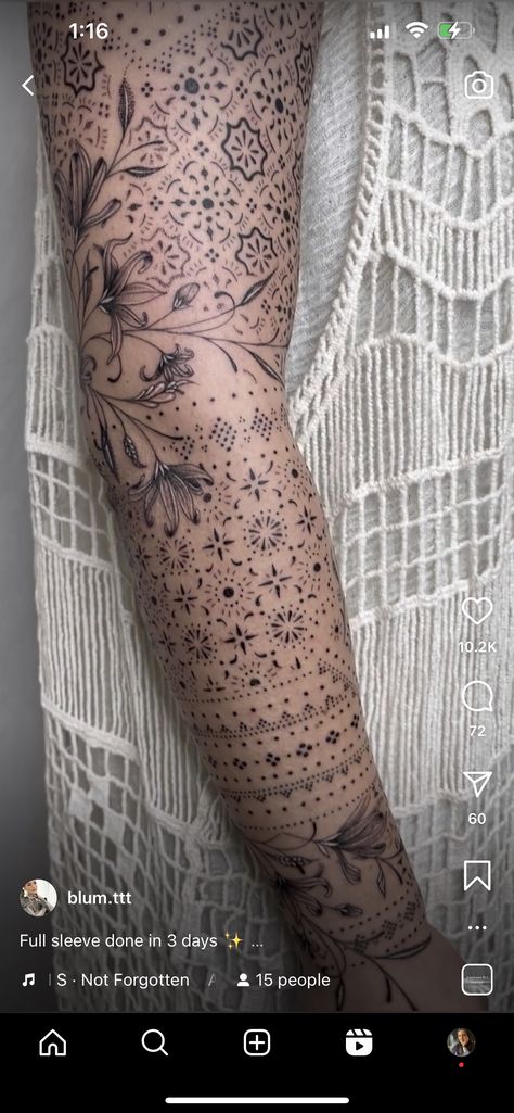 Whimsical Tattoo Filler, Tattoo Space Filler Ideas Sleeve, Boho Tattoo Sleeve For Women, Armpit Mandala Tattoo, Scattered Tattoos Sleeve Women Arm, Full Forearm Tattoos For Women, Floral Sleeve Filler Ideas, Filler Tattoos For Sleeve, Sleeve Fillers For Women Tattoo Ideas