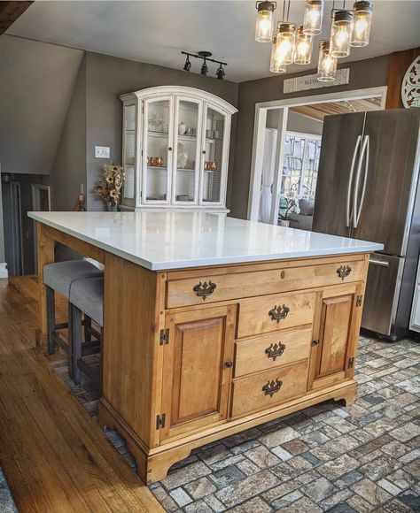 Islands That Look Like Furniture, Kitchen Island From Repurposed Furniture, Old Dresser Into Kitchen Island, Kitchen Islands From Old Furniture, Repurposed Island Kitchen, Kitchen Cabinets From Furniture, China Cabinet Kitchen Island, Kitchen Island Repurposed Furniture, Dresser Repurposed Ideas Kitchen Islands