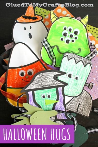 Handprint Halloween Hugs - Witch, Monster, Candy Corn, Frankenstein & Ghost - Glued To My Crafts Candy Corn Crafts, Paper Bag Crafts, Fun Halloween Crafts, Candy Crafts, Handprint Crafts, Clothes Pin Crafts, Halloween Crafts For Kids, Fall Halloween Crafts, Halloween Paper