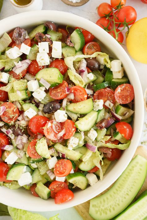 Partially cropped bowl of Greek salad, featuring fresh lettuce, cucumbers, tomatoes, red onions, feta cheese, and Kalamata olives, Cucumber Tomato Olive Feta Salad, Greek Salad With Lettuce, Recipe With Lettuce, Salad With Lettuce, Greek Salad Recipe, Egg Lunch, Feta Cheese Salad, Mozzarella Salad, Feta Recipes