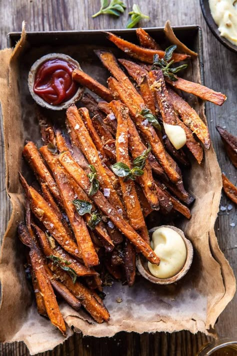 Half Baked Harvest Sweet Potato, Parmesan Sweet Potato Fries, Homemade Sweet Potato Fries, Bourbon Sweet Potatoes, Baked Sweet Potato Fries, Half Baked Harvest Recipes, Spicy Aioli, Whats Gaby Cooking, Sweet Potato Skins