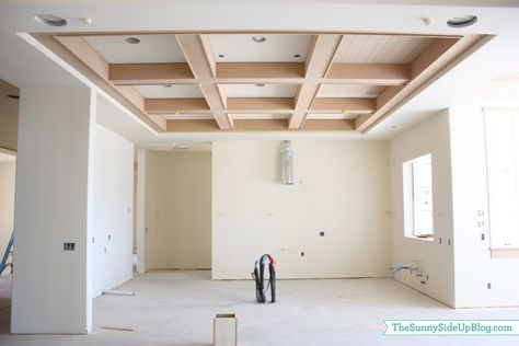 Beams In Tray Ceiling, Tray Ceiling Living Room, White Beams Ceiling, Boxed Ceiling, Coffered Ceiling Dining Room, Box Beam Ceiling, Box Ceiling, Beams Living Room, Beam Ceiling