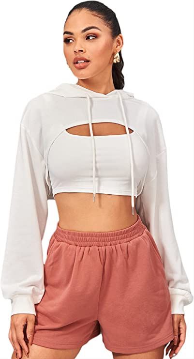 Sheln Women's Long Sleeve Drawstring Super Crop Top Hoodie, Drop Shoulder Ultra Cropped Pullover Top Super Cropped Shirt, Crop Hoodies Womens, Crop Top Ideas For Women, Crop Pullover Outfits, Long Sleeve Crop Top Outfits, Crop Top Hoodie Outfit, Cute Crop Top Outfits, White Crop Top Hoodie, White Crop Hoodie