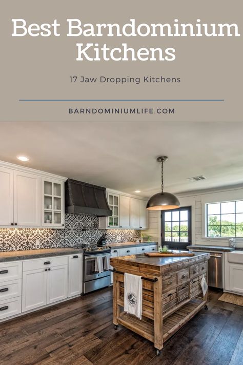 Barndominium Kitchen Backsplash, Farmhouse Barndominium Kitchen, Barndominium Kitchen Design, Barndo Kitchen Layout, Bardominum Kitchen Ideas, Butcher Block Island With Granite Countertops, Barndominium Kitchen Ideas Farmhouse, Barndominium Kitchen Cabinets, Small Barndominium Kitchen