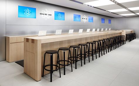 love: clean design, clutter is hidden behind simple cabinets < Apple Genius Bar Apple Store Interior, Apple Genius Bar, Genius Bar, School Libraries, Stem Lab, Pub Design, Mobile Store, Library Furniture, Bar Table Sets