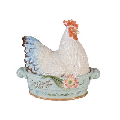 Fitz & Floyd Toulouse Covered Vegetable Bowl ("Les Oiseaux Se Vendent Paris"; $106.99 CAD; 10"Hx7.5"Wx11.25"D; Toulouse Collection; hand-painted earthenware; food safe; wayfair.ca Rooster Collectibles, Pastel Blue Background, Ceramic Chicken, Earthenware Ceramics, Vegetable Dish, Chicken Decor, Postcard Template, Shabby Chic Kitchen, Vegetable Bowl