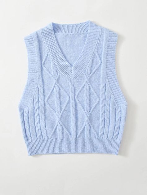 Blue Sweater Vest, Trendy Blue Crew Neck Sweater Vest, Light Blue Sweater Vest, Cable Knit Sweater Vest Blue, Blue V-neck Knit Vest, Color Celeste, Sweater Vest Women, Shein Style, Blue Sweaters