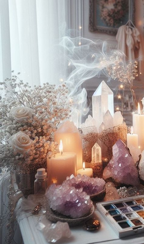 Rich Bohemian Aesthetic, Healing Crystals Aesthetic, Crystal Healing Room, Crystal Collection Display, Spiritual Corner, Display Crystals, Zen Mind, Crystal Room, Celestial Crystal