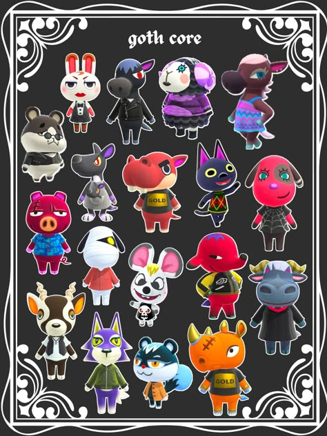 a list of animal crossing villagers who look "goth" or "gothic" Animal Crossing Design Codes Clothes, Acnh Halloween Island Ideas, Animal Crossing Island Ideas, Animal Crossing Design Codes, Animal Crossing Design, Sand Drawing, Creepy Animals, Goth Core, Creepy Core