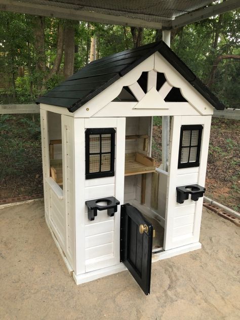 Kids playhouse modifued into a chicken coop.  House bought at Wal-Mart Wendy House Chicken Coop, Diy Chicken Coop From Playhouse, Cubby House Chicken Coop, Playhouse Chicken Coop Little Tikes, Play House Chicken Coop, Playhouse Coop, Playhouse Chicken Coop, Chicken Coop House, Quail Coop