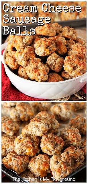 Cream Cheese Sausage Balls ~ Make everybody's party-favorite Sausage Balls extra tender and extra delicious by adding in a touch of cream cheese! ALWAYS a hit.  www.thekitchenismyplayground.com Breakfast Casserole Cream Cheese, Cheese Sausage Balls, Cream Cheese Sausage, Sausage Cheese Balls, Cream Cheese Sausage Balls, Sausage Balls Recipe, Sausage Balls, Cheese Sausage, Cheese Balls