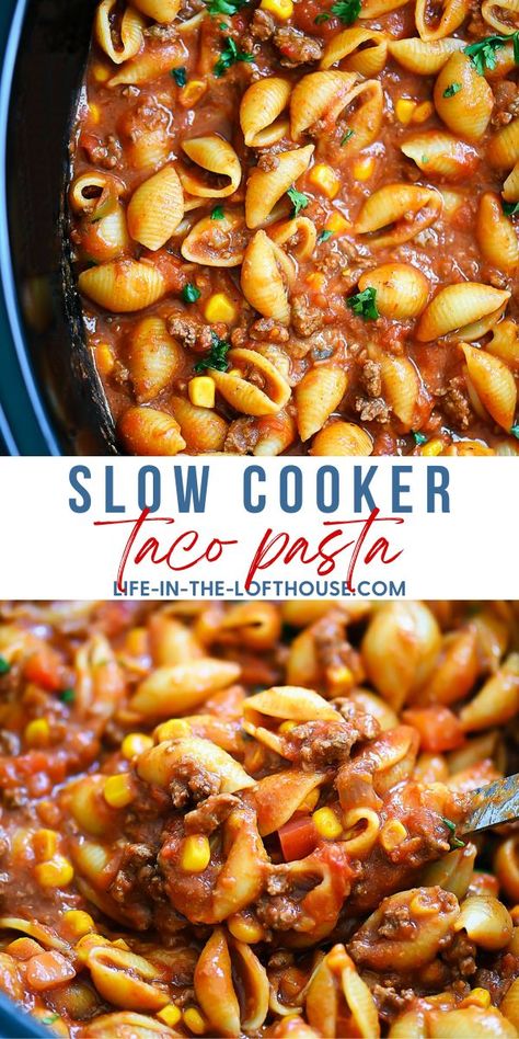 Slow Cooker Taco Pasta, Ground Beef Crockpot Recipes, Slow Cooker Taco, Taco Pasta Recipes, Slow Cooker Barbacoa, Crockpot Pasta, Ground Beef Pasta, Crock Pot Tacos, Slow Cooker Pasta