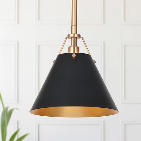 Incorporate a classic modern into your living space with this uniquely Matte Black and Gold with Cone Metal Shade Modern/Contemporary Mini Pendant Light by Uofin Lighting, safely rated for dry locations. The transitional gold pendant light fixture body is comprised of satin gold down rods and a matte black cone metal shade. With a stylish industrial charming design look paired with a fantastic warm lighting effect, this traditional kitchen island light is ideal for coexisting aesthetics and prac Black And Brass Pendant Light, Uolfin Lighting, Black Pendant Light Kitchen, Modern Kitchen Pendants, Lights Over Island, Lights Over Kitchen Island, Cone Pendant Light, Bar Pendant Lights, Colorado House