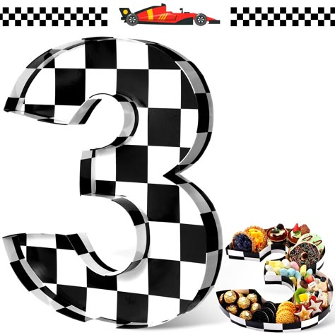 PRICES MAY VARY. Big Hit for Racing Party: these cardboard numbers fillable for foods are ideal as table decoration or as decorative boxes for snack dishes on birthday bashes, festival celebrations, baby showers, and more important day celebrations; The classic white and black classic Checker will definitely make your party eye catching and more attractive Large Size: our race car number box with dimensions of approximately 13.7 inches in height, 12 inches in width and 1.57 inches in depth (no c Sports Car Themed Birthday Party, 3rd Gear Birthday Party For Boy, 3rd Birthday Race Car Theme, Race Car Cardboard, Formula 1 First Birthday, Dirtbike Birthday Theme, Two Fast Bday, Race Car Birthday Party Ideas Decoration, Monster Truck Birthday Party Decorations