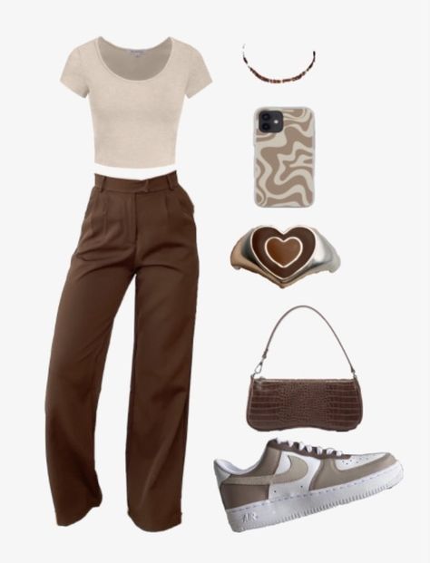 #brown #outfits #outfitinspiration #aesthetic Shades Of Brown Outfit, Brown Clothes Aesthetic, Brown Aesthetic Outfit, Brown Outfit Aesthetic, Jeans Marron, Brown Pants Outfit, Brown Outfits, Jeans Outfit Women, Beige Outfit