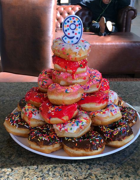 The easiest birthday cake I've ever made #donuts #birthday #cake Cake Made Of Donuts Birthday, Birthday Doughnut, Donuts Birthday, Birthday Cale, Donut Birthday Cake, Bday Themes, Donut Tower, How To Stack Cakes, Donut Cake