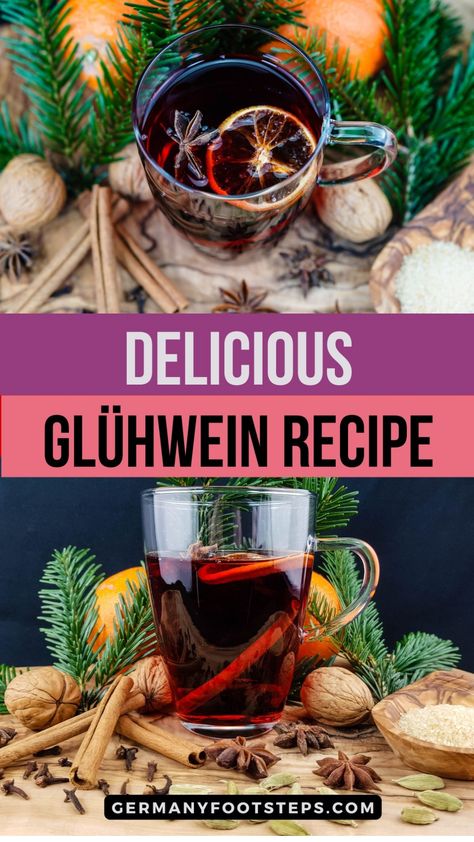 Delicious Glühwein in a glass mug with spices and pine branches. Gluhwein Recipe Germany, Hot Wine Recipe Christmas, German Gluhwein Recipe, Spiced Wine Recipe, Gluhwein Recipe, Red Wine Drinks, Warm Wine, Xmas Recipes, Wine Recipe