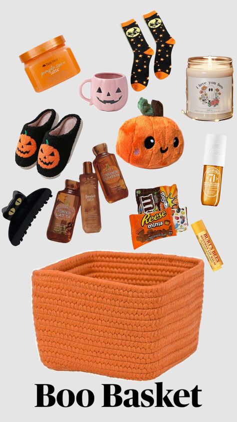 #boobasket #ideas #halloween #fall Boo Basket Ideas For Best Friend, Fall Basket Ideas, Brrr Basket, Boo Basket Ideas, Halloween Sleepover, Fall Gift Baskets, Boo Baskets, Fall Board, Halloween Themed Gifts