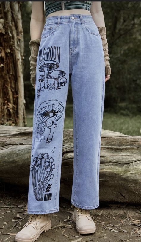 Fairycore Mushroom, Custom Jeans Diy, Painted Clothes Diy, Mushroom Print, Custom Jeans, Print Jeans, Painted Jeans, Denim Crafts, Painted Denim