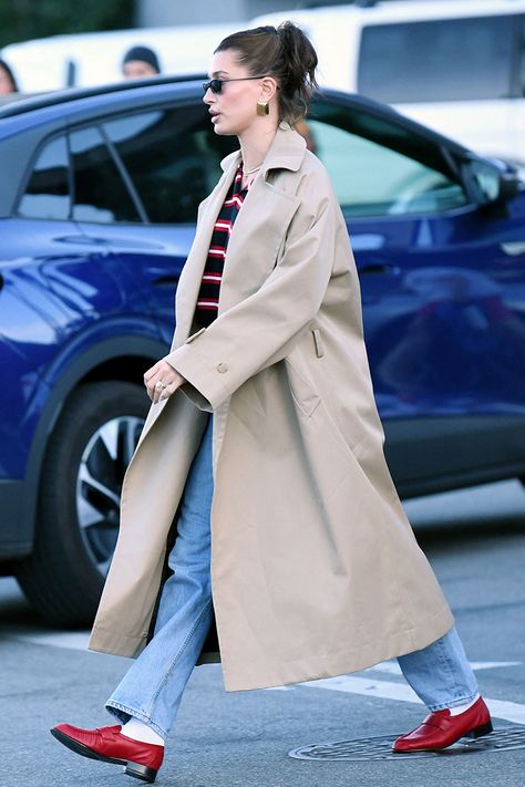 Hailey Bieber’s Red Loafers Have Sold Out — Get the Look | Us Weekly Red Loafers Outfit, Erewhon Market, Red Loafers, Funnel Neck Hoodie, Loafers Outfit, Long Trench Coat, Sporty Chic, Leather Dresses, Dressy Outfits