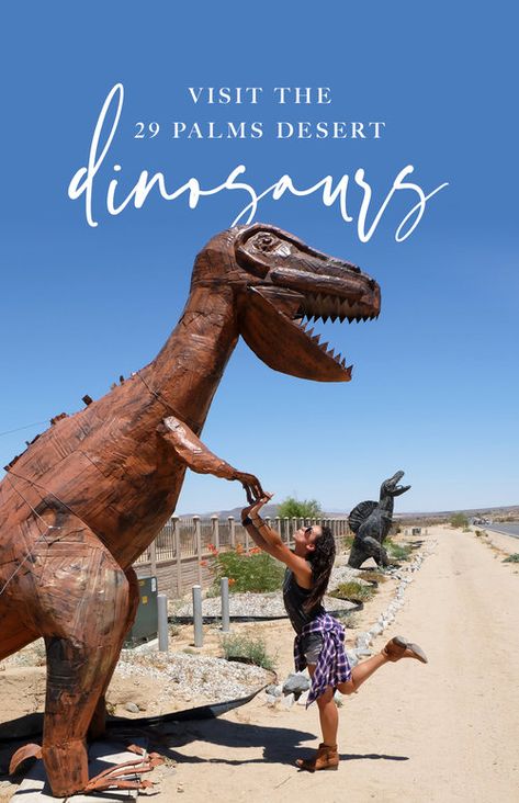 Visit the Dinosaurs of 29 Palms These cute metal dinosaurs are on the side of the road on highway 62. There's a gold mom and baby Brontosaurus, and two toothy meat-eaters. Metal Dinosaur, 29 Palms, Joshua Tree California, Water Adventure, Palm Desert, Dinosaur Art, Joshua Tree National Park, Art Installations, Sierra Nevada