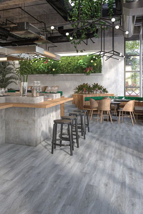 Grey Restaurant Interior, Nature Restaurant Design Inspiration, Restaurant Floor Design, Sage Green Restaurant Interior, Restaurant Flooring Ideas, Green Restaurant, Green Restaurant Interior, Green Interior Restaurant, Forest Green Coffee Shop