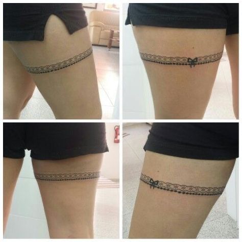 Thigh Garter Tattoo Simple, Thigh Cuff Tattoo, Thigh Henna Tattoo, Garter Tattoos, Tattoo Mehndi Design, Lace Garter Tattoos, Thigh Band Tattoo, Thigh Garter Tattoo, Thigh Henna