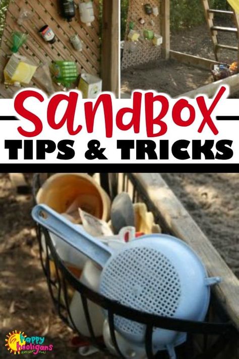 Transform your sandbox from ordinary to extraordinary with these easy sandbox tips and tricks! #HappyHooligans #Sandbox #SandPlay #Toddlers #Preschoolers #BackyardFun #SandboxIdeas #SandToys #SandToyStorage #PlayIdeas #OutdoorPlay Sandpit Ideas For Kids, Sandbox Toy Ideas, Sand Pit Ideas Play Areas Outdoor Spaces, Sandbox Play Ideas, Small Sandpit Ideas, Sandbox Ideas With Cover, Diy Outdoor Toy Storage Ideas, Sandpit Toy Storage, Sandbox Under Deck