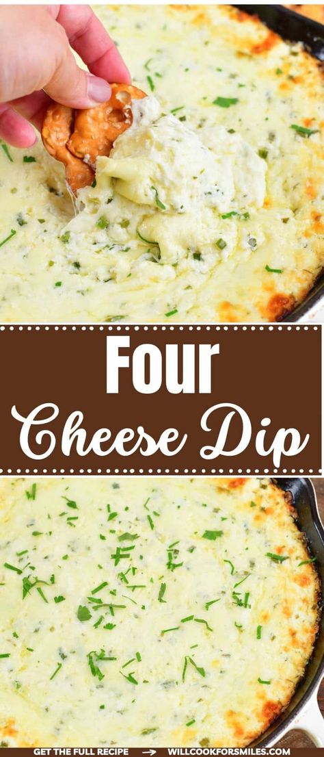 This easy Four Cheese Dip is smooth, creamy, and extra cheesy made with four different kinds of flavorful cheese! Fresh chives and parsley add just the right flavor to this rich and savory cheese dip. 5 Cheese Dip Recipes, 3 Cheese Dip Recipes, Dominoes Cheese Dip, Three Cheese Dip Recipes, Cheese Dip Recipes For Bread, Sharp Cheddar Cheese Dip, Cheesy Dipping Sauce, Hot Cheesy Dip Recipes, Best Cheese Dip Ever