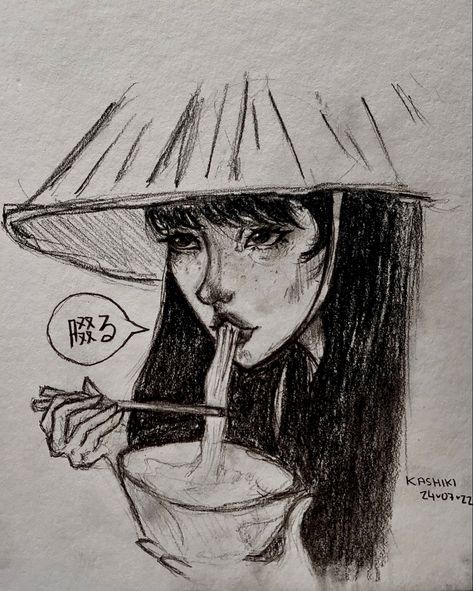 korean, Japanese noodle drawing, anime girl sketch Eating Noodles Drawing, Noodles Drawing, Tomboy Drawing, Dry Leaf Art, Supernatural Drawings, Noodle Art, Eating Noodles, Harry Potter Art Drawings, Girl Eating