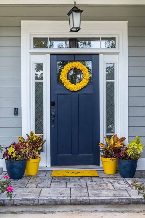 House Doors Colors, Front Door Planters, Best Front Door Colors, Exterior Door Colors, Gray House Exterior, Best Front Doors, Blue Front Door, Front Door Paint Colors, Gray House