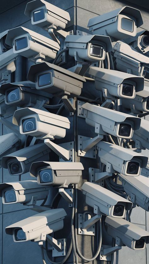 A detailed and realistic image of a cluster of surveillance cameras mounted on a wall. The cameras, ranging from compact to bulky, are positioned strategically to monitor the surrounding area from different angles. Each camera has a distinct design and lens orientation, emphasizing the diversity in security equipment. Metal brackets hold the cameras in place, and a web of wires connects them to a central control unit. The atmosphere of the image is that of a secure and protected environment, wit Survelliance Camera Aesthetic, Surveillance Aesthetic, Security Camera Aesthetic, Anti Surveillance, Security Equipment, Brave New World, Surveillance Cameras, Control Unit, Security Camera