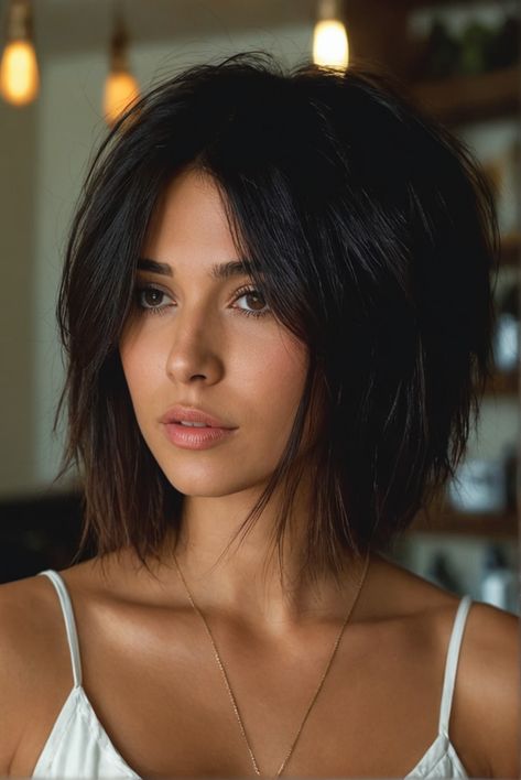 Bob hairstyles that offer a fresh take on a beloved classic Short Dark Bob With Curtain Bangs, Chin Length Dark Brown Hair, Dark Layered Bob, Dark Brown Chin Length Hair, Textured Bob Dark Hair, Short Bob Dark Hair, Layered Bob Thick Hair, Dark Brown Bob With Bangs, Short Dark Bob