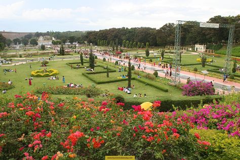 Brindavan Gardens Mysore. It lies adjoining the Krishnarajasagara dam which is built across the river Kaveri. Brindavan Garden Mysore, Photography Name Logo, South India Tour, Cultural Capital, Ooty, Drawing Quotes, India Tour, Tourist Places, Mysore