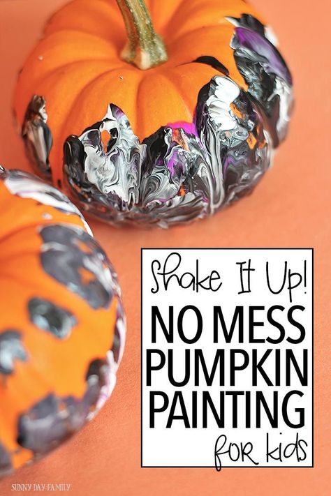 A fun no mess pumpkin painting activity for kids - perfect for Halloween! Get kids moving with this easy Halloween craft - perfect for kids of all ages. Even toddlers and preschoolers can make these gorgeous painted pumpkins (and it's fun for adults too!) Pumpkin Painting For Kids, Painting Activity For Kids, Easy Halloween Craft, Shake It Up, Halloween Preschool, Creative Pumpkins, Easy Halloween Crafts, Painting Activities, Pumpkin Painting