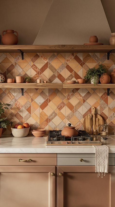 backsplash kitchen ideas Statement Kitchen Tiles, Bohemian Kitchen Backsplash Ideas, Terracotta Tiles Kitchen Backsplash, Terra Cotta Backsplash Kitchen, Fun Backsplash Kitchen, Mediterranean Kitchen Backsplash, Pattern Backsplash Kitchen, Spanish Style Kitchen Backsplash, Terra Cotta Backsplash