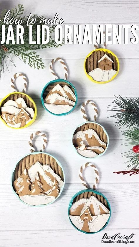 That's it! What do you think of these jar lid ornaments--don't you just love them? Do you have everything it takes to make these adorable little Winter scene Jar Lid Ornaments? So gather up used jar lids to recycle, hold on to those cardboard boxes, and grab a paint pen or some craft paint and make a bunch of jar lid ornaments for the holidays. Like, Pin and Share! Jar Lid Ornaments, Lid Ornaments, Jar Lid Crafts, Recycled Christmas Decorations, Mason Jar Lids Ornaments, Easy Christmas Ornaments, Apple Barrel, Craft Paint, Ornament Hooks