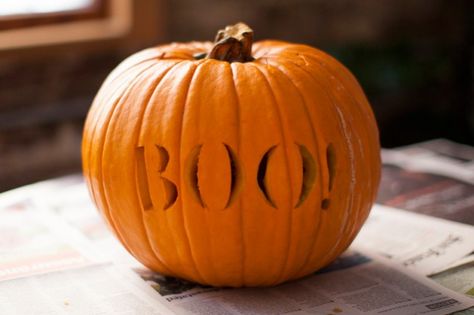 Let's face it — it's basically impossible for a carved pumpkin boasting a simple Halloween message to go out of style. Achieve polished lettering with a stencil template.  Get the tutorial at Brit + Co »   - HouseBeautiful.com Awesome Pumpkin Carvings, Unique Pumpkin Carving Ideas, Pumpkin Idea, Cute Pumpkin Carving, Halloween Pumpkin Carving Stencils, Pumkin Carving, Carving Stencils, Creative Pumpkin Carving, Easy Pumpkin Carving