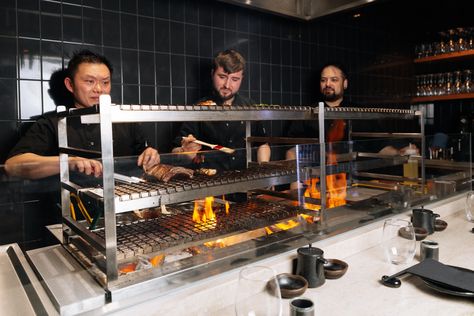 Restaurant Review: Robata · The Sybarite Grill Restaurant Design, Robata Grill, Raw Sushi, Meat Restaurant, Salmon Roll, Beach Street, Outdoor Restaurant Design, Crispy Shallots, Beef Skewers