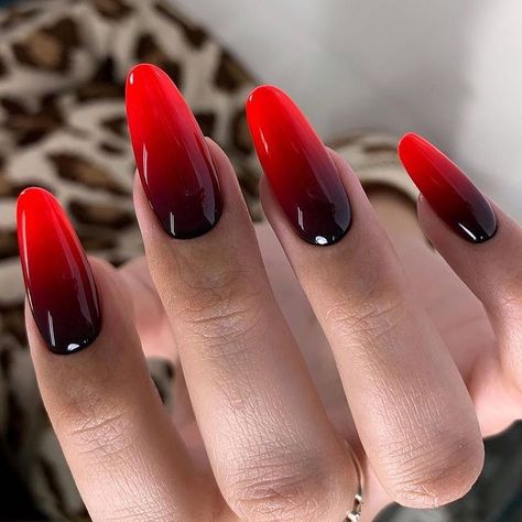 Ombre Nails Black And Red, Black Red Ombre Nails Almond, Black To Red Ombre Nails, Black To Red Ombré Nails, Red To Black Nails Ombre, Nails Ombre Red Black, Red And Black Ombre Nails, Ombre Red Nails, Red Ombré Nails