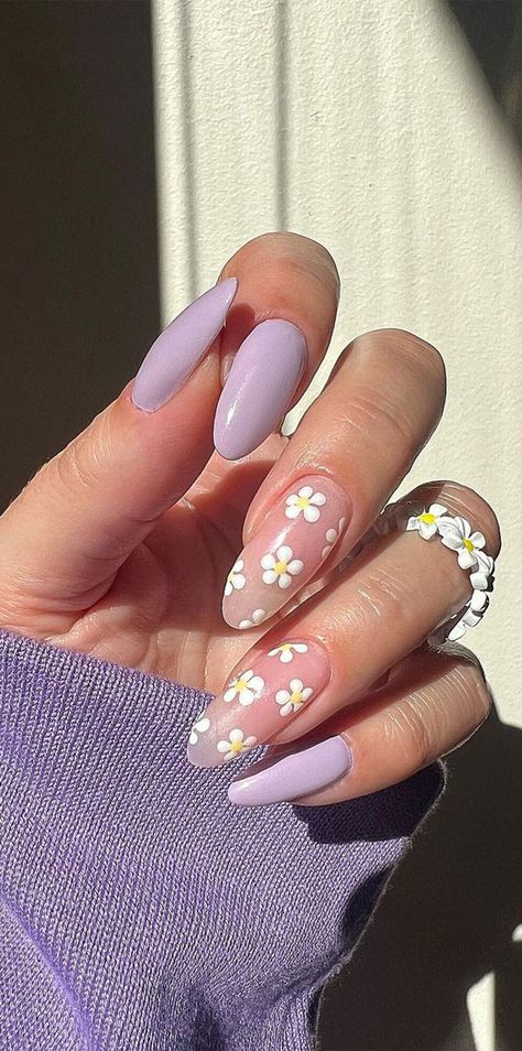 flower nails, flower nail art, flower nails designs, cute flower nails, pink floral nails, short nails flower, daisy nails, ditsy nails, flower and french tip nails Neon Nails Flower, Nails With Flowers On One Finger, Lilac Almond Acrylic Nails, Pastel Daisy Nails, Lavender Chrome, Lilac Chrome, Nude Chrome, Chrome French, Nail Flower