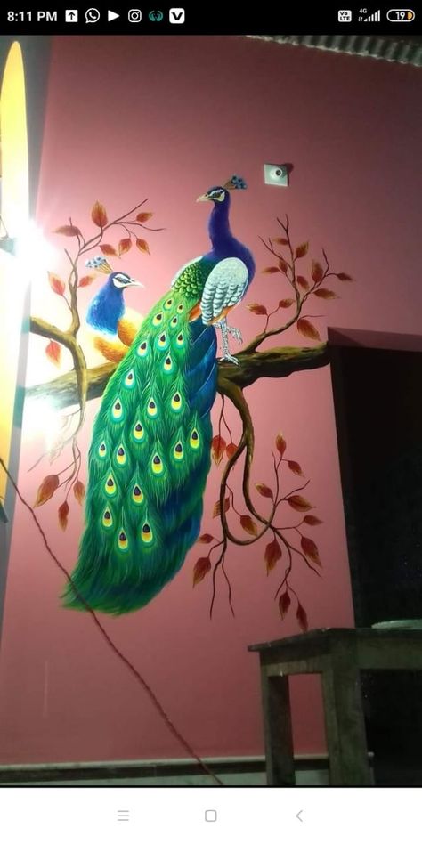 Wall Painting Peacock Design, Wall Penting Design, Penting Art, Switchboard Art, Bedroom Paint Design, Simple Wall Paintings, Fabric Colour Painting, Living Room Murals, Creative Wall Painting